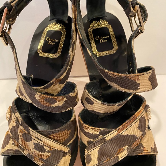 Christian Dior camouflage printed Strappy Sandals heels wooden platform 37.5 - Picture 8 of 13